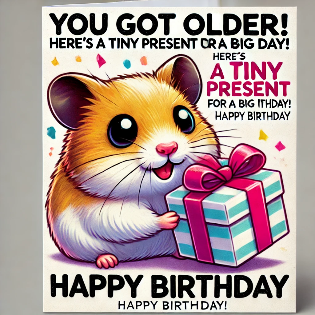 Tiny Gift Hamster Meme – "You got older! Here’s a tiny present for a BIG day! Happy Birthday!"