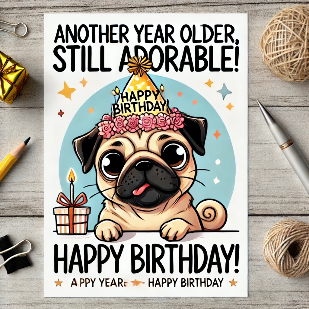 Pug Dog Meme – "Another year older, still adorable! Happy Birthday!"