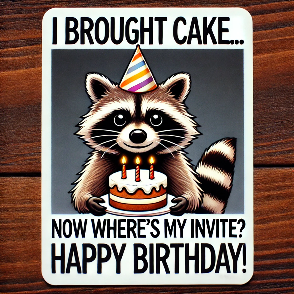 Raccoon Cake Meme – "I brought cake… now where’s my invite? Happy Birthday!"