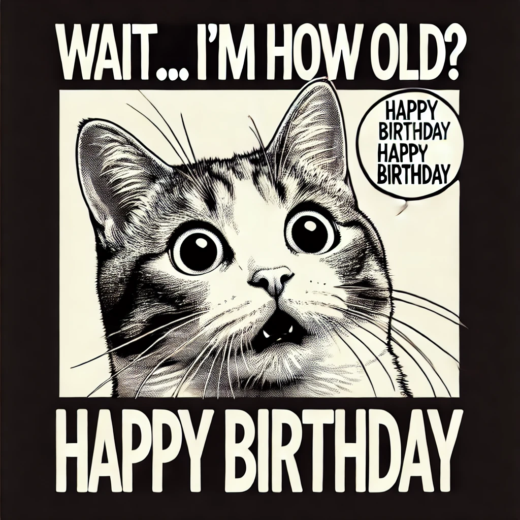 Surprised Cat Meme – "Wait... I'm HOW old?! Happy Birthday!"