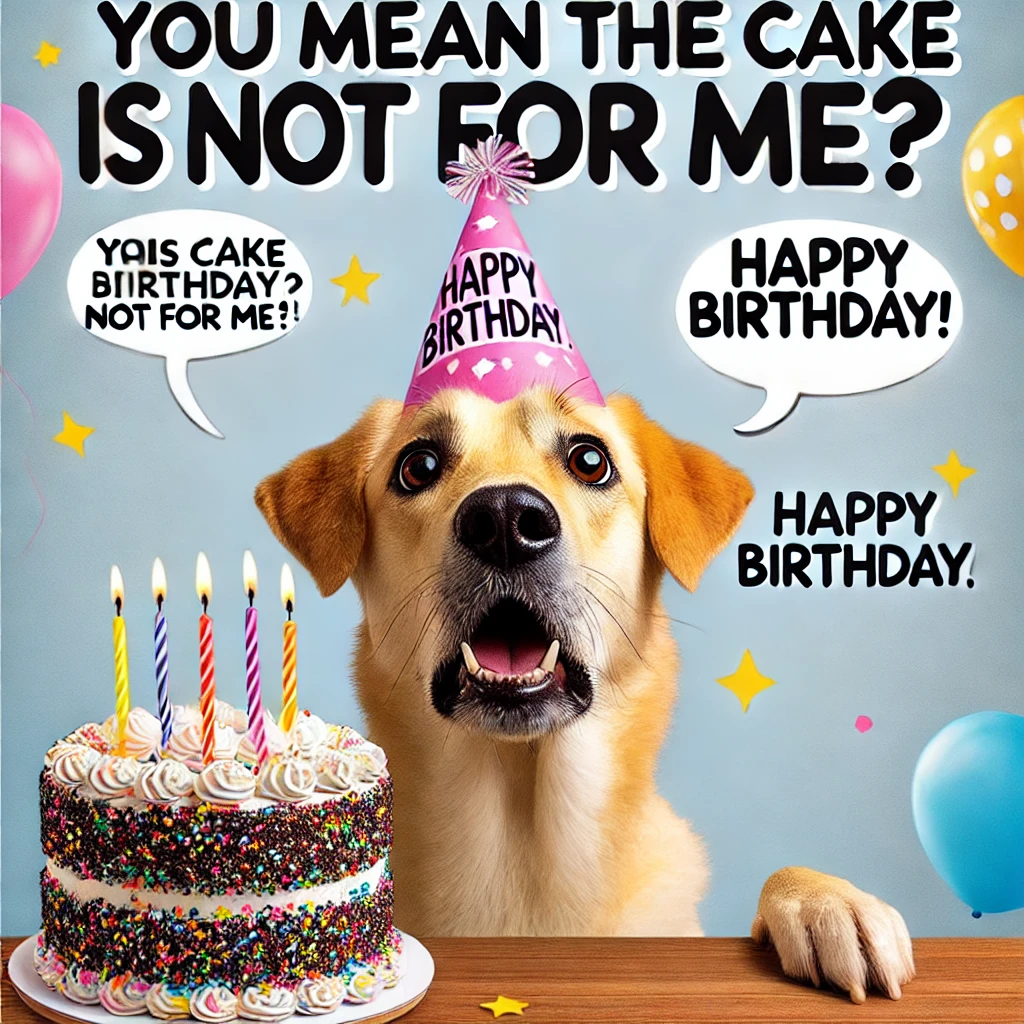 Dog & Cake Meme – "You mean this cake is NOT for me?! Happy Birthday!"