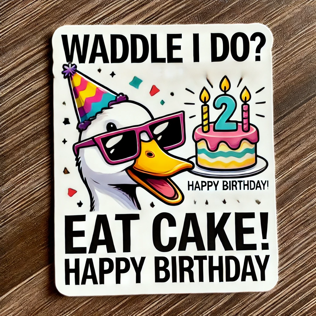 Cool Duck Meme – "Waddle I do? Eat cake! Happy Birthday!"