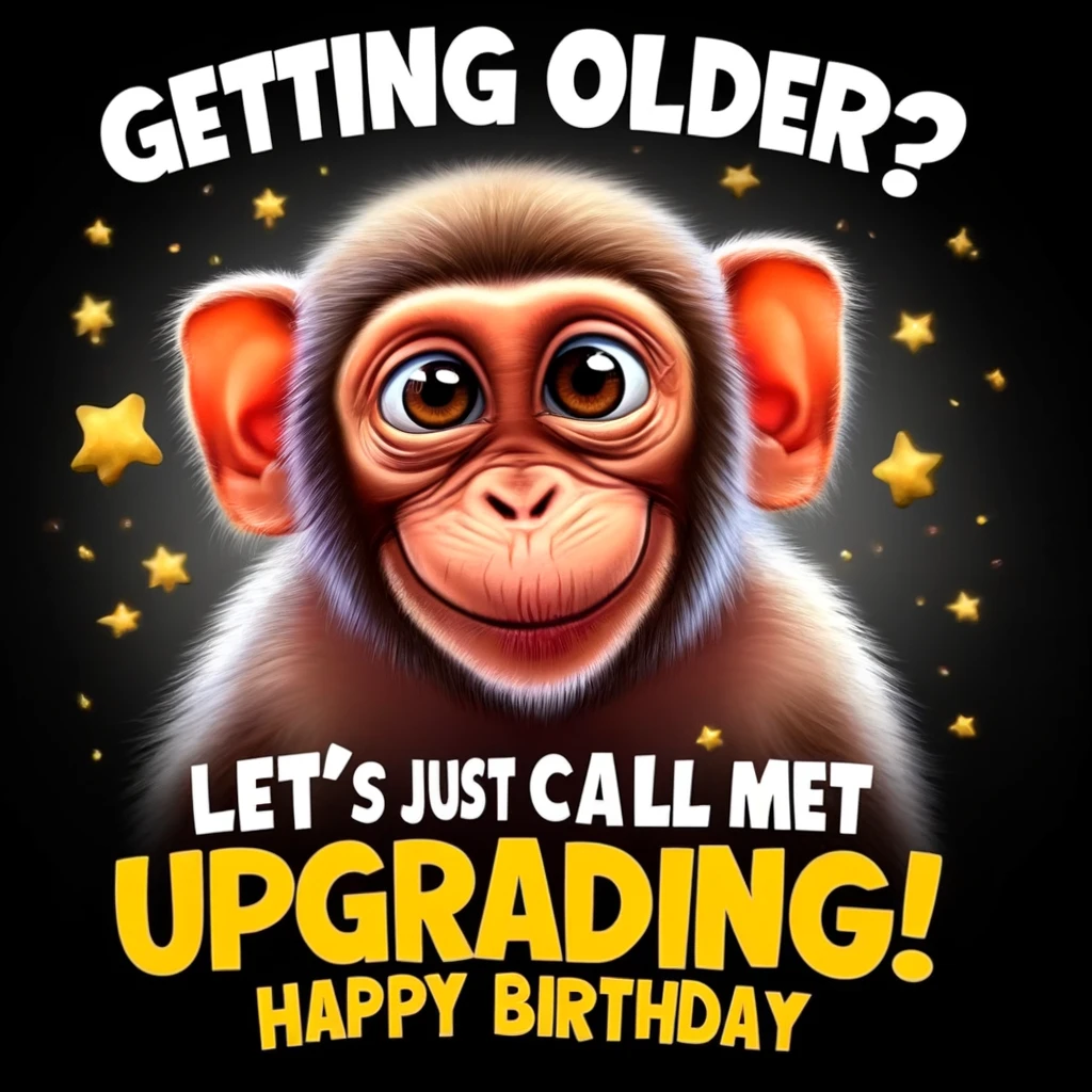 Monkey Meme – "Getting older? Let’s just call it upgrading! Happy Birthday!"