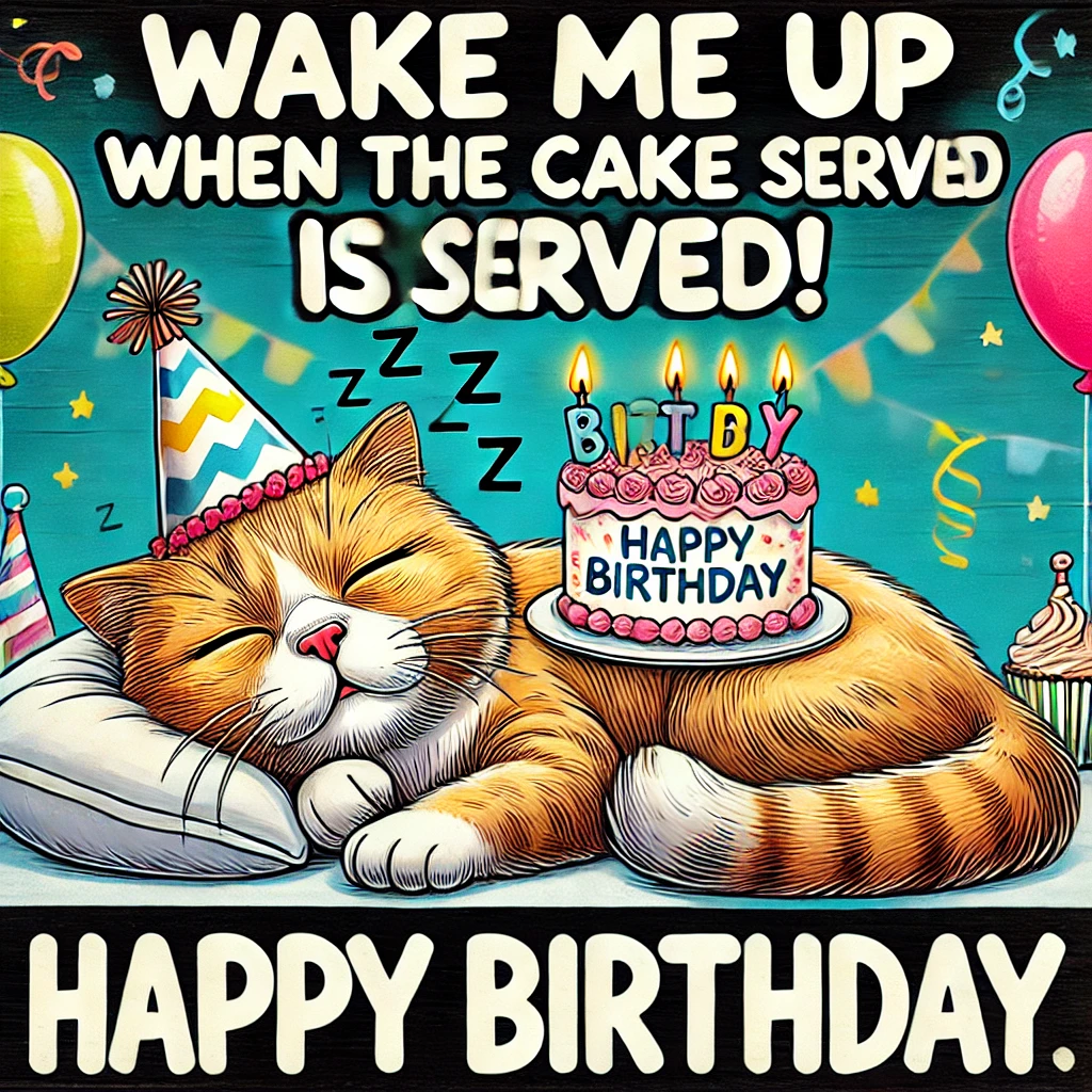 Sleepy Cat Meme – "Wake me up when the cake is served! Happy Birthday!"